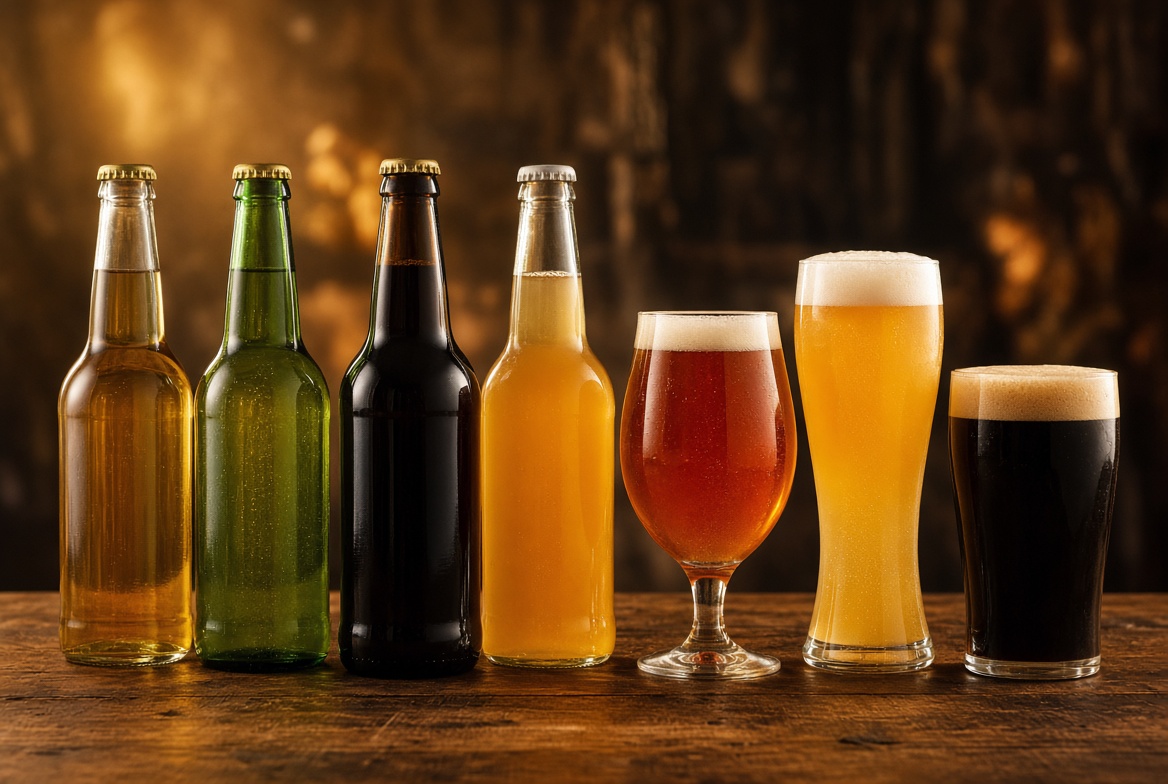 様々なビールのボトルとグラス